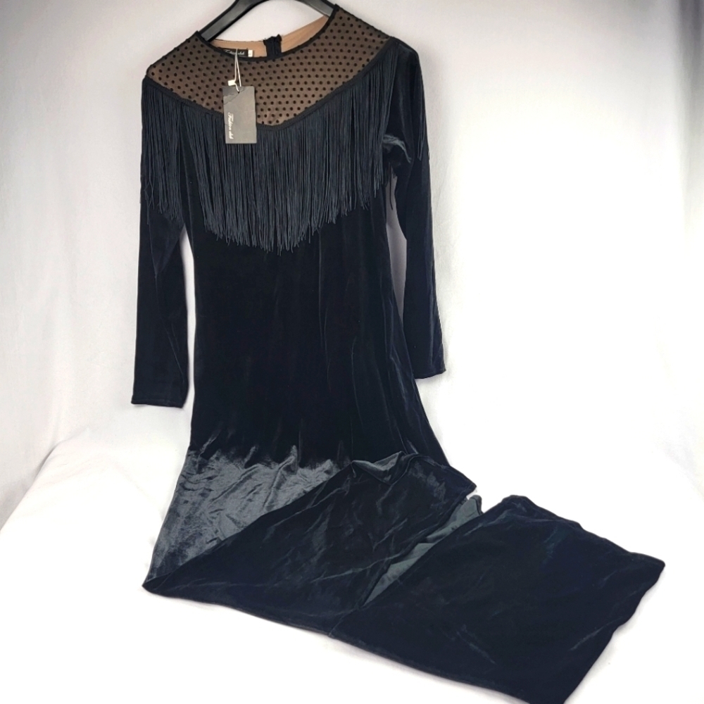 NWT Fashion Club long sleeve velvet fringe neckline trim maxi dress
